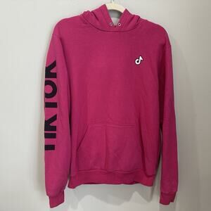 TikTok Logo Hoodie Pink Medium Unisex Pullover Sweatshirt Kangaroo Pocket